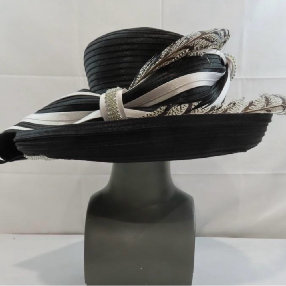 Charm’s NY Church Hat 
Black Wide Brim Rhinestone & Feather w/Giant Bow